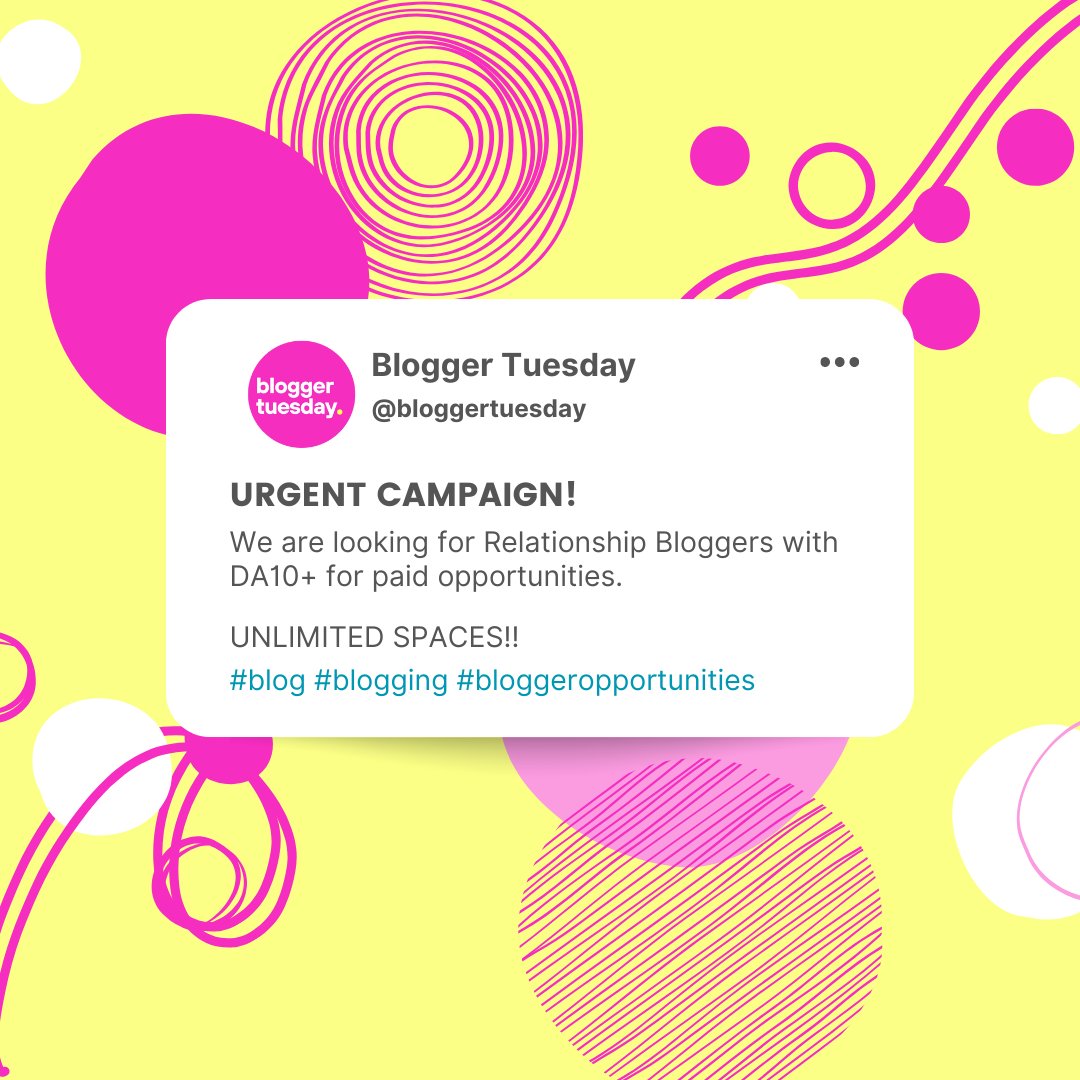 BloggerTuesday's tweet photo. 🚨ATTENTION BLOGGERS!🚨
We have unlimited positions available for bloggers within the Relationship niche!
Drop your links below if you think you fit this category.
#blog #blogging #blogger #relationship #relationshipblogger #relationshipblog https://t.co/oDtrIavC8Y
