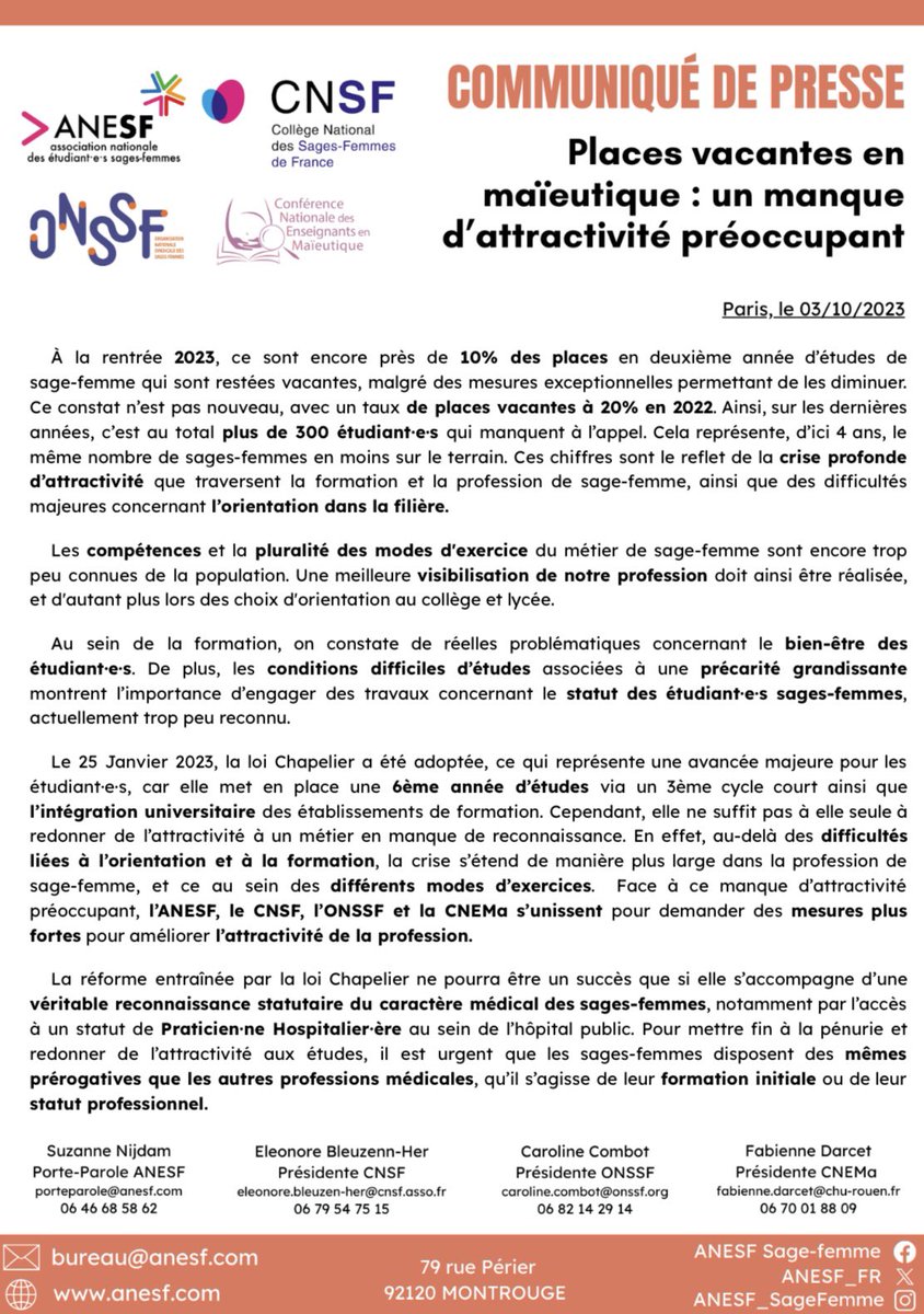 ANESF_FR's tweet photo. #CDP
👉🏼10% de places vacantes à la rentrée, l’attractivité du métier menacée
👉🏼L’ANESF, avec le @Coll_SageFemme, l’@onssf et la CNEMa, demandent des mesures redonner du sens au métier de #sagefemme

⬇️ Résumé des demandes ⬇️ https://t.co/evv24gCmim