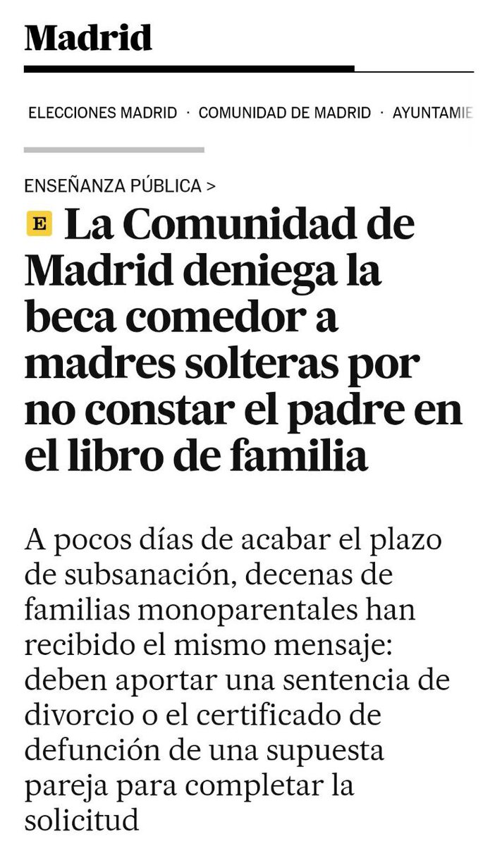 EmiliaSPB's tweet image. El gobierno de Ayuso está negando las becas comedor a las madres solteras, porque no aparece un "padre" en el libro de familia.

Abro hilo para explicar porqué es una política profundamente ideológica y profundamente reaccionaria.
🧵 1/10