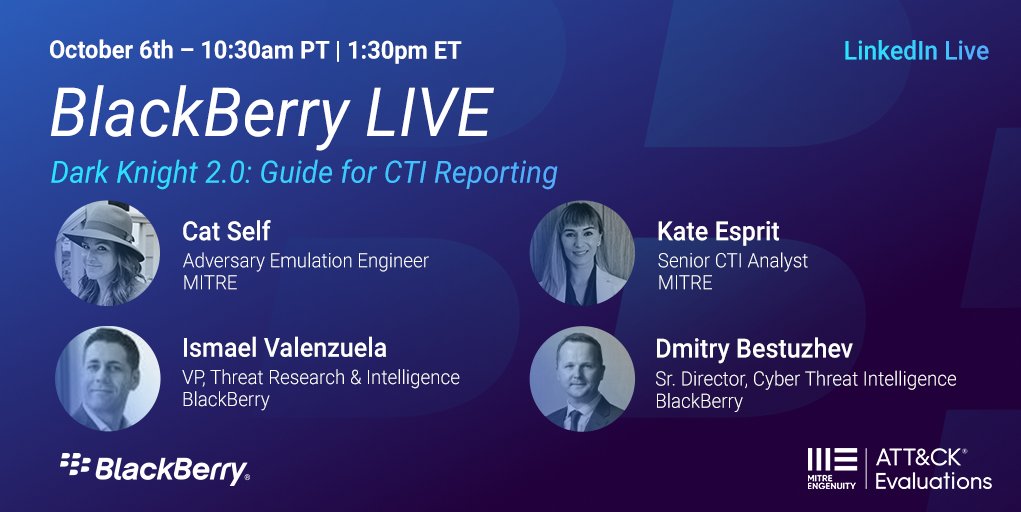 Successful adversary emulation is a direct result of excellent cyber threat intelligence (CTI). Join #BlackBerry's <a href="/aboutsecurity/">Ismael Valenzuela</a> &amp; <a href="/dimitribest/">Dmitry Bestuzhev</a> and <a href="/MITREcorp/">MITRE</a>'s <a href="/coolestcatiknow/">Cat</a> &amp; <a href="/phish4answers/">Phishing for Answers</a> for a live conversation on what makes CTI reporting useful. linkedin.com/events/darkkni…
