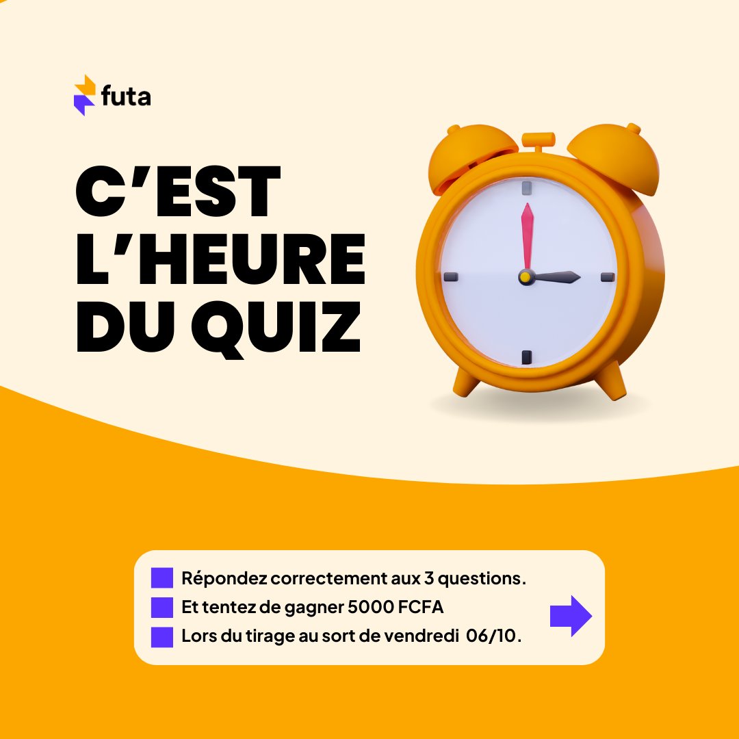 futaapp's tweet photo. Pour être sélectionné pour ce tirage, vous devriez:
1. Suivre la page Futa sur laquelle vous participer
2. Like cette publication
3. Répondre correctement aux 3 questions dans les commentaires
Suivez les instructions pour tenter votre chance. 🏆🎁🎉
#Quiz #FutaApp #Challenge https://t.co/CTgfLpMjjd