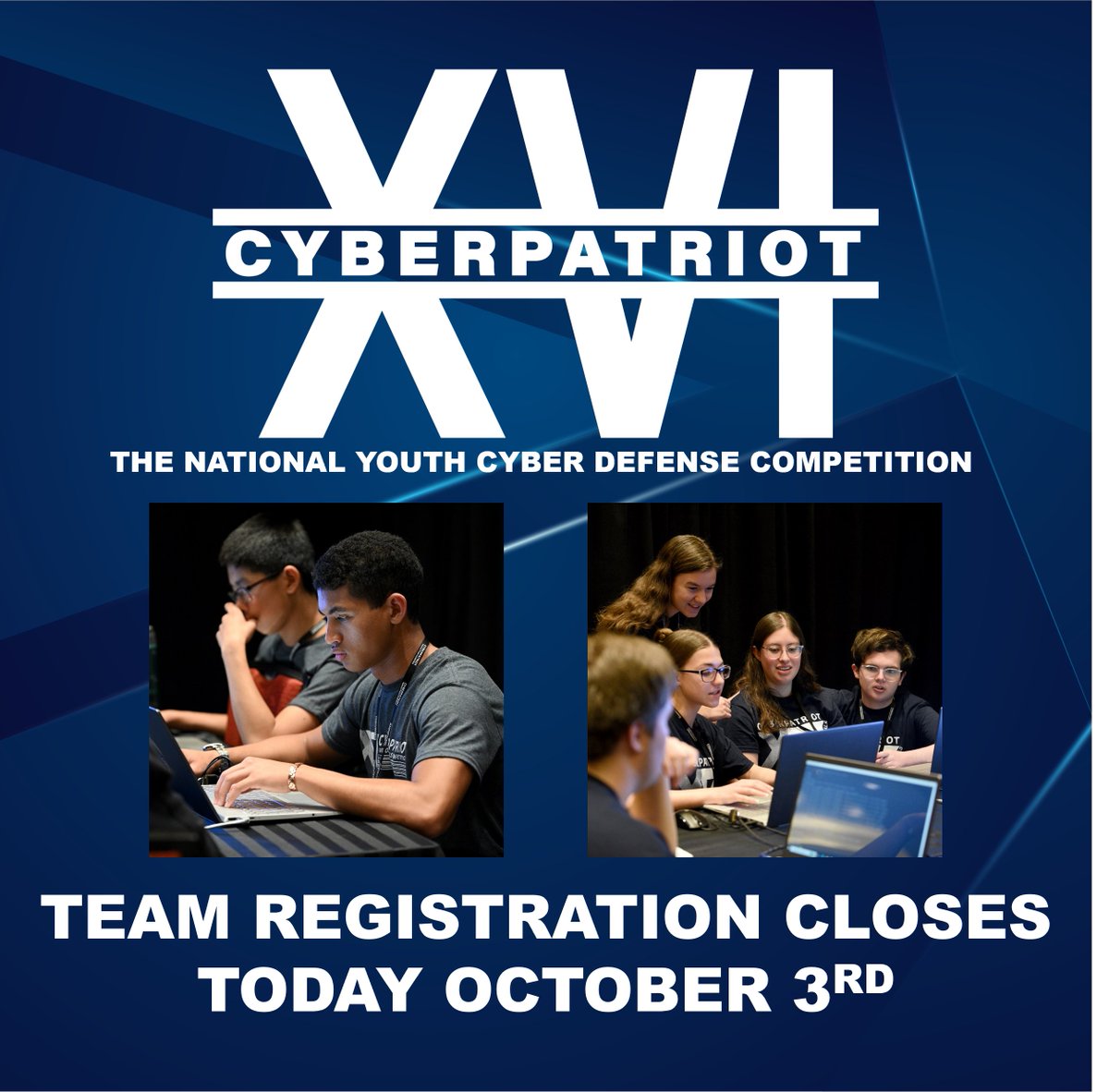 📢Don't miss out on your opportunity to compete in CyberPatriot XVI.  Today, October 3rd, is the last day to register your team for the 2023-24 season. Register now to join the competition! 

uscyberpatriot.org/Documents/Team…