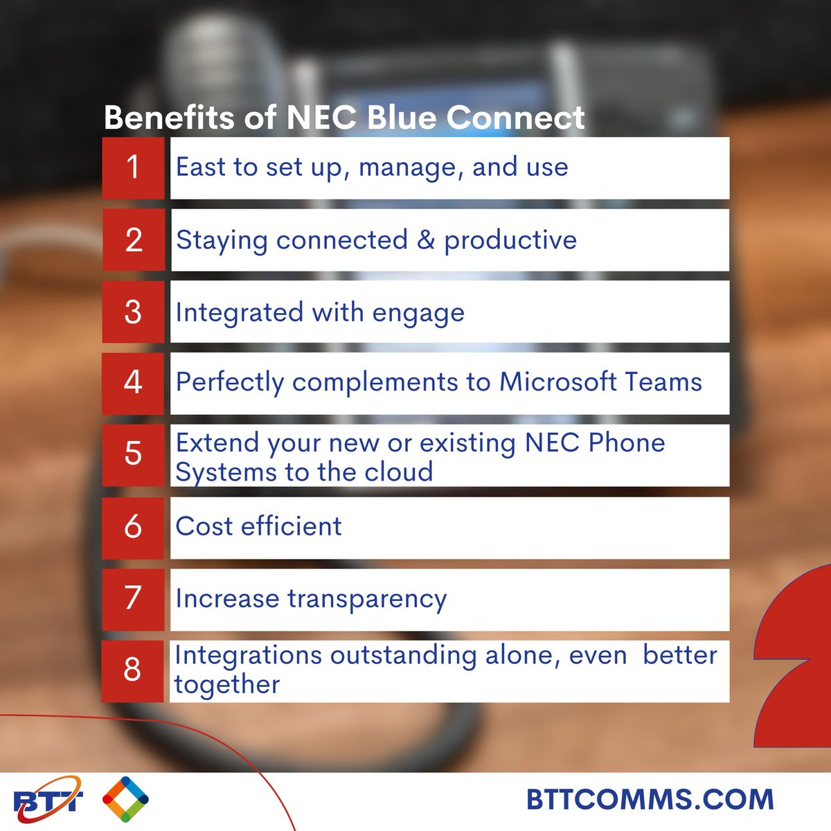 NEC Blue Connect is a great option for your business's communication needs. 

To find out more take a look at our website or give us a call:

📞  0330 222 0330
🌎  bttcomms.com/ip-phone-syste… 

#NEC #NECblueconnect #businesssolutions #cloudbasedsystems

<a href="/NEC/">NEC</a>