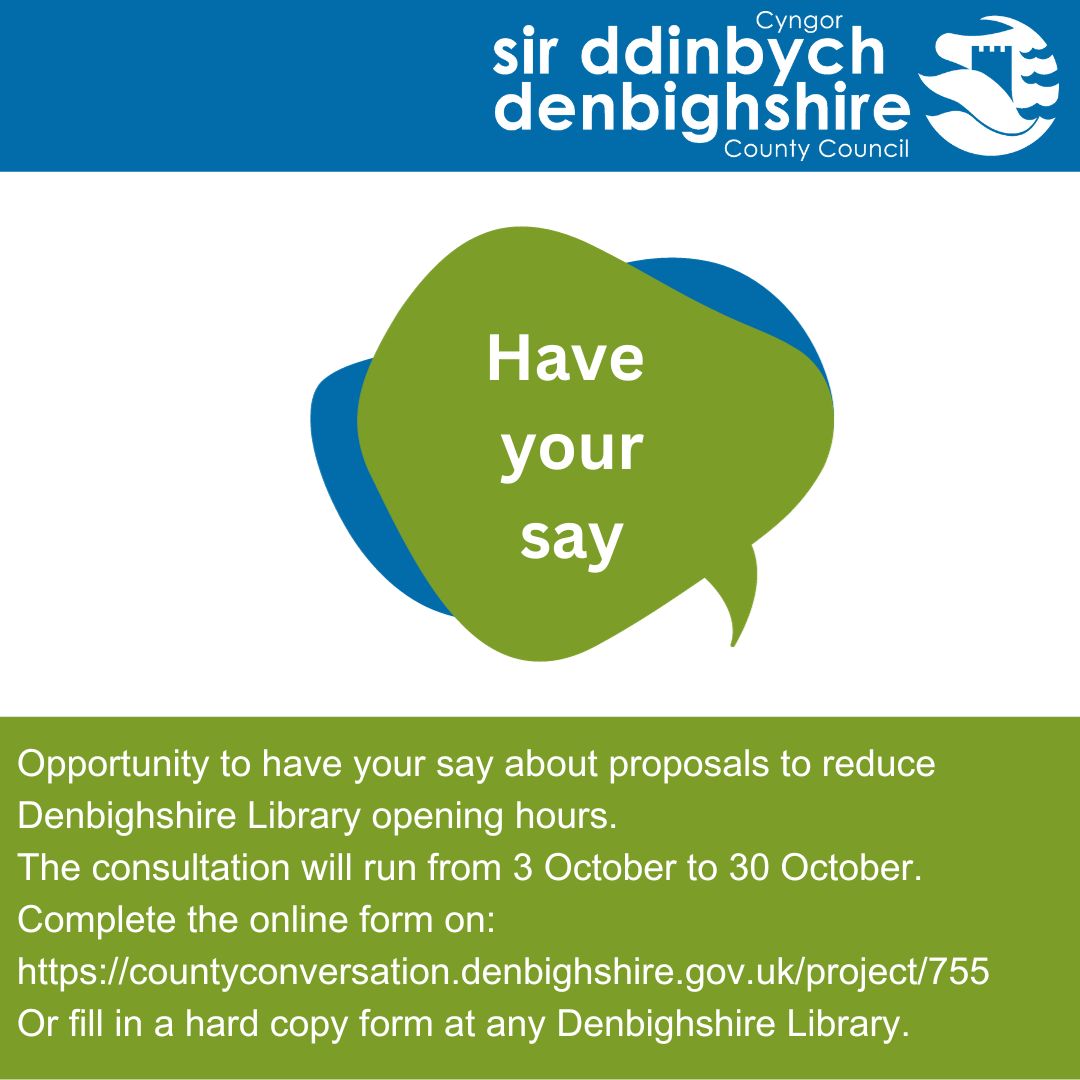 Have your say about proposals to reduce library opening hours.

Click below👇🏼
 countyconversation.denbighshire.gov.uk/project/755