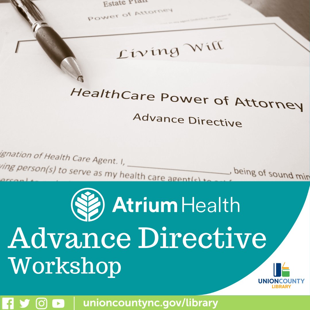 Join us Tuesday, October 10 at 10 a.m. at the Union West Library to learn about Health Care Power of Attorney &amp; Living Will forms from trained Atrium health care facilitators. #uclnc <a href="/AtriumHealth/">Atrium Health</a>
