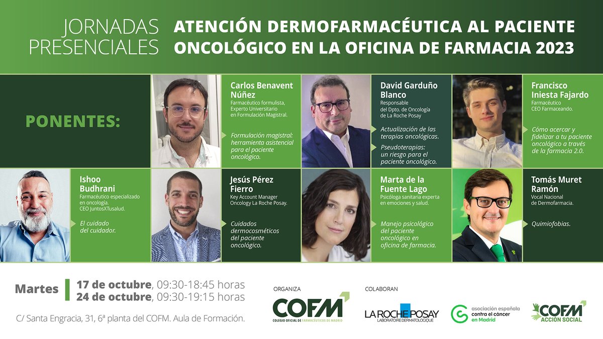 Jornadas #pacienteoncológico tienen por objeto formar al farmacéutico y a su equipo para que sean capaces de ofrecer a estos pacientes el consejo más completo para el cuidado dermocosmético y para facilitarle el abordaje de sus amplios y diversos impactos. bit.ly/3LHktHF