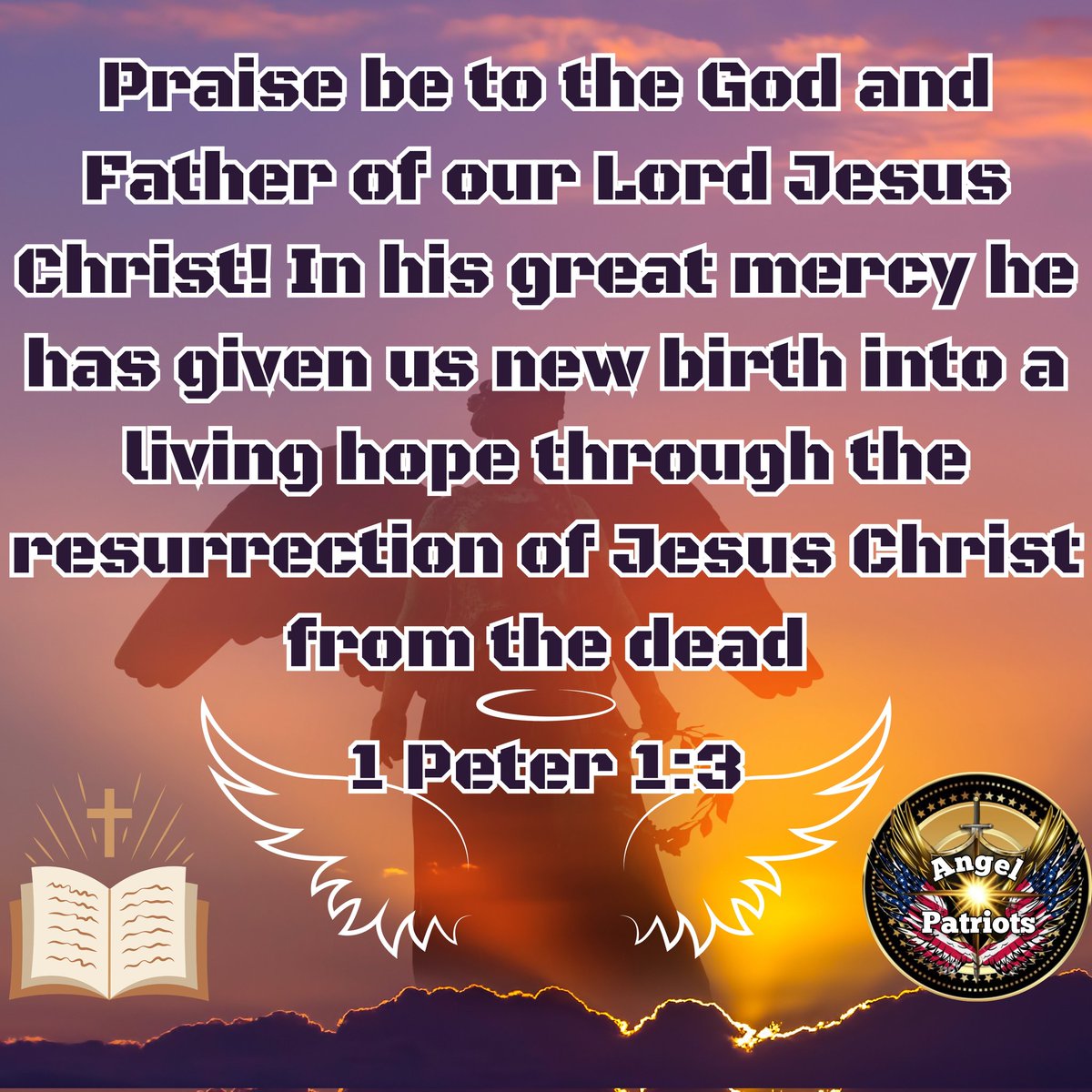 #AngelPatriots #VettedPatriots 
          🙏Daily Bible Verse🙏
'Praise be to the God and Father of our Lord Jesus Christ! In his great mercy he has given us new birth into a living hope through the resurrection of Jesus Christ from the dead.'
⛪1 Peter 1:3