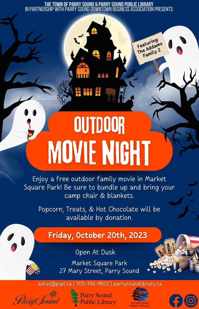 ParrySound_DBA's tweet photo. Grab your blankets and camp chairs and join #TheTownofParrySound & #ParrySoundPublicLibrary in partnership with #DowntownParrySound for a free outdoor movie night October 20, 2023 at dusk in Market Square Park featuring The Addams Family 2.
#downtownparrysound #communityevent https://t.co/EGvjqRwj1K