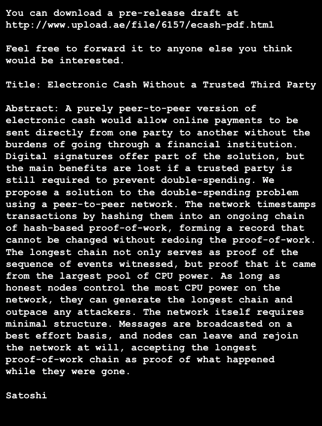 ✨ The 1st draft of the #Bitcoin white paper, sent by Satoshi Nakamoto to Wei Dei, exactly 15 years ago

A revolution was about to begin 💫