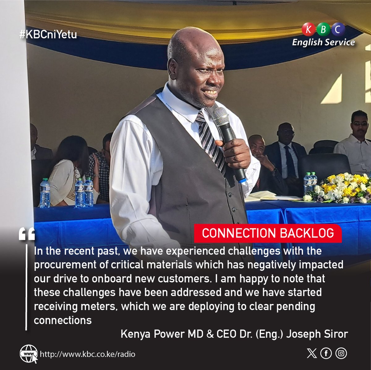 KBC English Service (@kbcenglish) on Twitter photo 2023-10-03 11:50:00 CONNECTION BACKLOG 'In the recent past, we have experienced challenges with the procurement of critical materials which has negatively impacted our drive to onboard new customers..' ~Kenya Power MD & CEO Dr. (Eng.) Joseph Siror ^PMN #KBCEnglishService CONNECTION BACKLOG 'In the recent past, we have experienced challenges with the procurement of critical materials which has negatively impacted our drive to onboard new customers..' ~Kenya Power MD & CEO Dr. (Eng.) Joseph Siror ^PMN #KBCEnglishService
