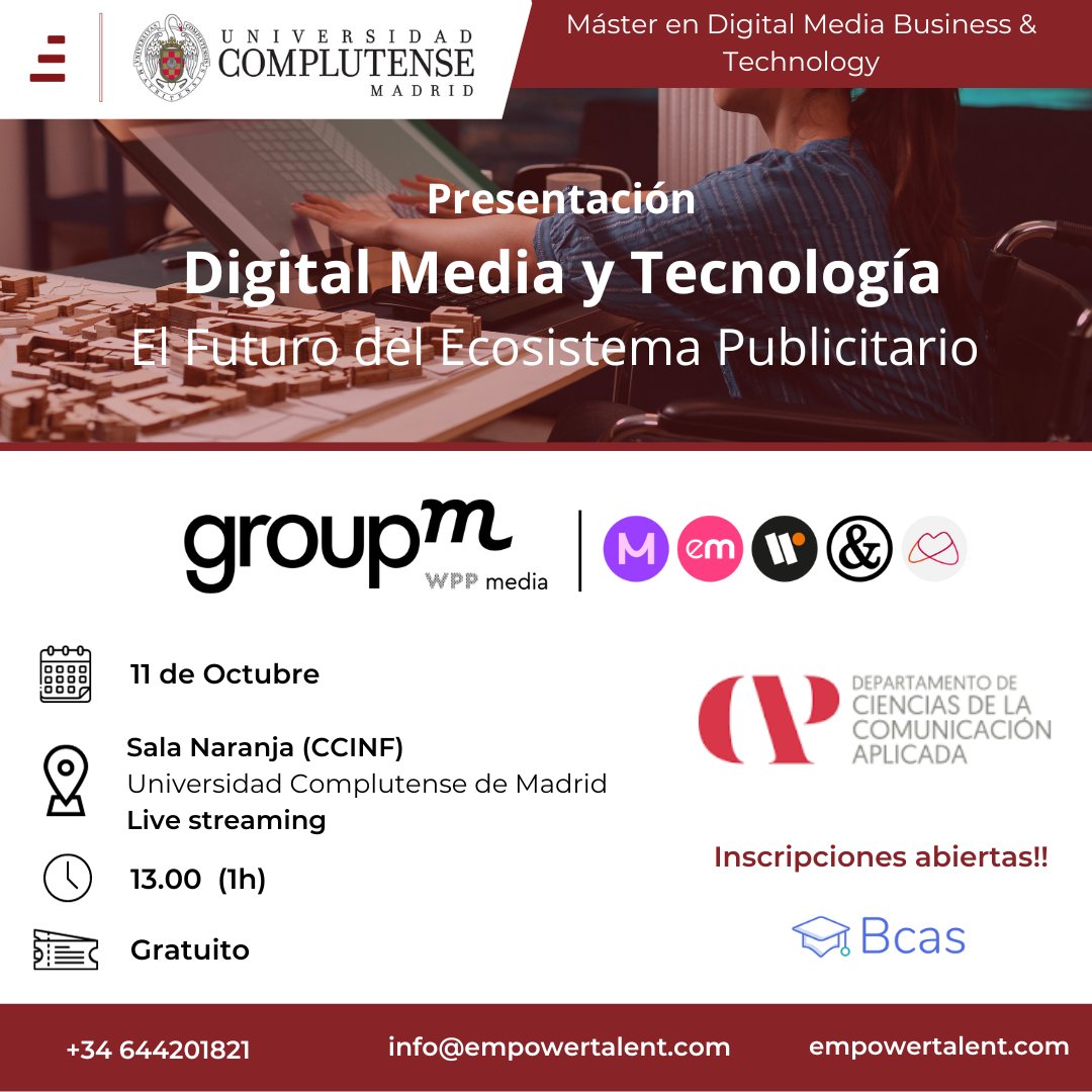 🚀 ¡Atención! Presentamos el Máster en Medios Digitales y Tecnología de la UCM.
📅 11 de Octubre, 13:00 h en la <a href="/UCMccinf/">Facultad Ciencias Información</a>  
Conoce el programa, interactúa con expertos de <a href="/GroupM/">groupm</a> y da un salto en tu carrera.
👉 ¡Inscríbete! lnkd.in/dUsj_ZvK

#MásterDigital #UCM #Innovación
