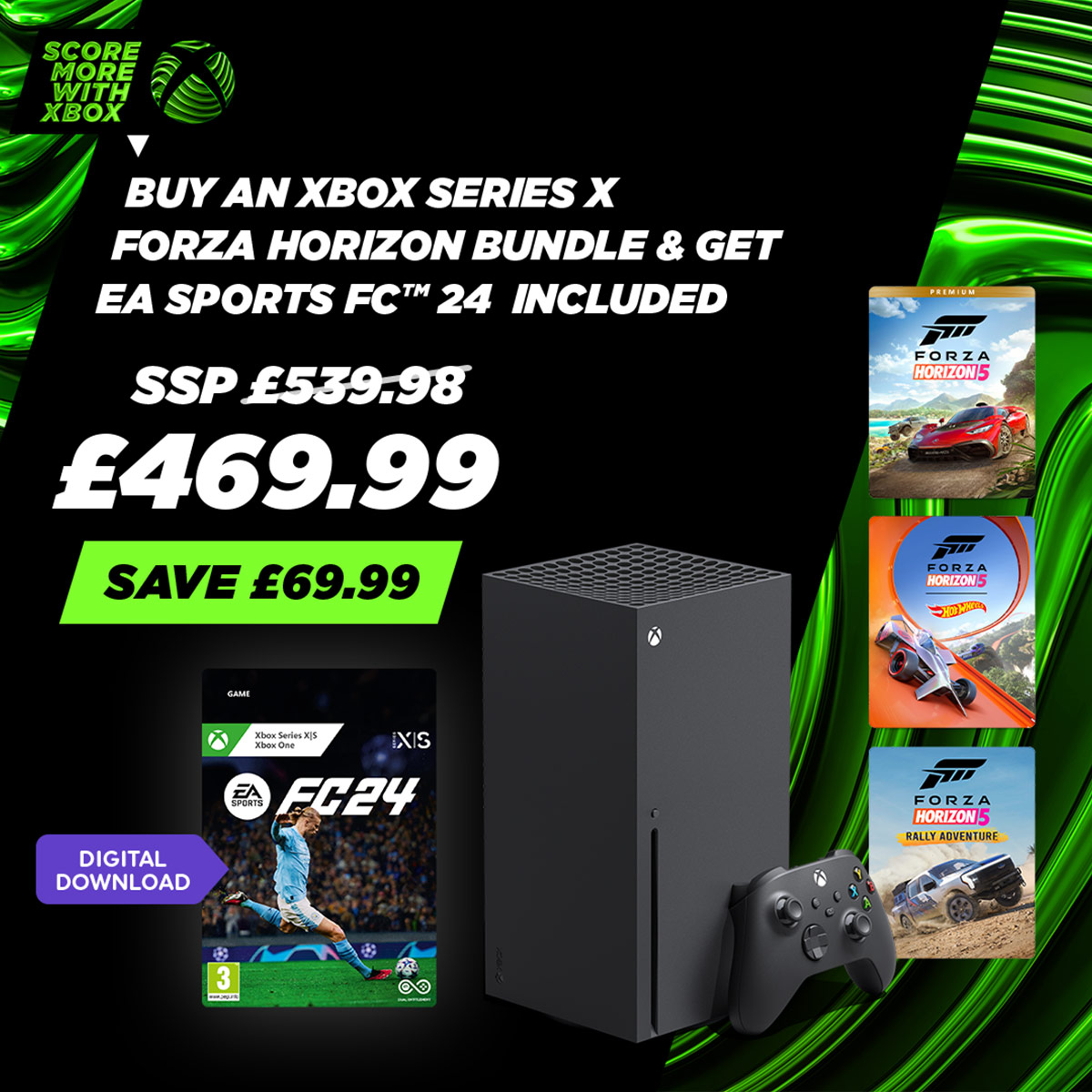 SmythsToysUK's tweet photo. SAVE £69.99 on the Xbox Series X Forza Horizon Bundle &amp; Get EA Sports FC 24 included (digital download)! ⚽

ONLY £469.99! 

Offer valid from Sept 29th until Oct 8th.

Shop now at Smyths Toys 👉 https://t.co/77y7kYlSF7 https://t.co/liwwI8x87q