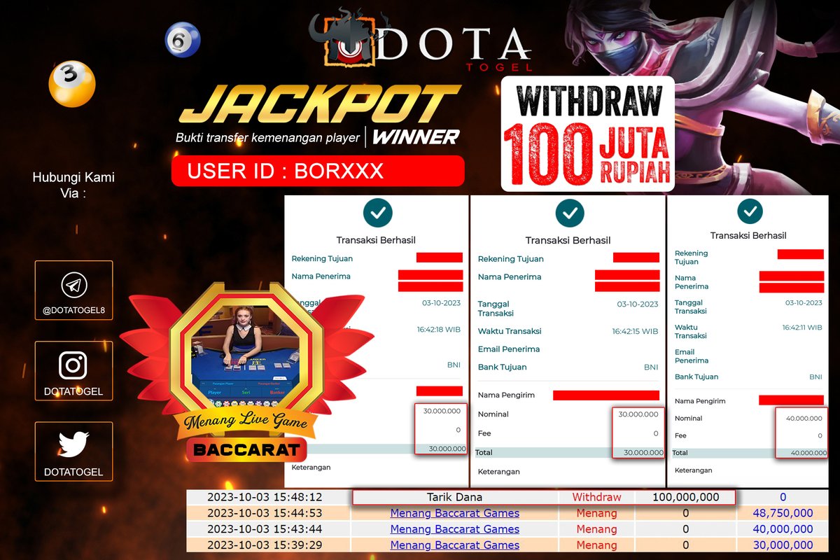 DotaTogel's tweet photo. SELAMAT!
Menang di PASARAN BACCARAT pada 03 Oktober 2023 sebesar 100 JUTA !!
Daftar di https://t.co/x4QtcHDysj https://t.co/BIGvtKysYt