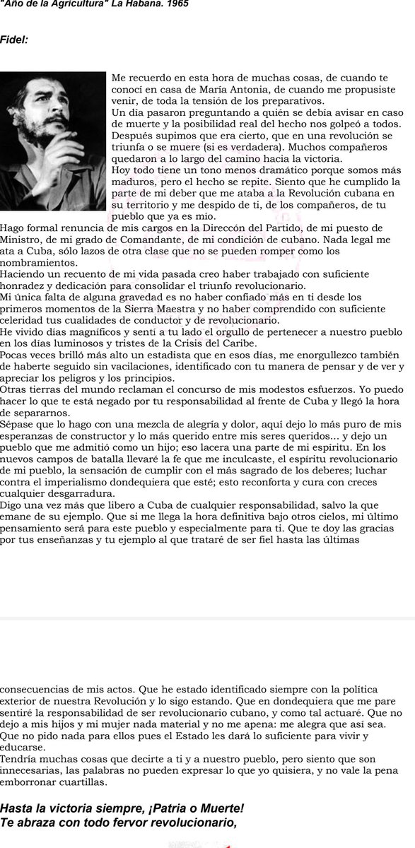 El 3 de Octubre de 1965 fue leída por primera vez, por nuestro Comandante en Jefe Fidel Castro, la carta que le hiciera Ernesto Che Guevara en su despedida hacia la inmortalidad #CubaCoopera <a href="/Colaboracionqba/">Unidad Central de Cooperación Médica 🇨🇺</a> <a href="/CubacooperaDj/">Cubacoopera Djibouti</a> #CheVive