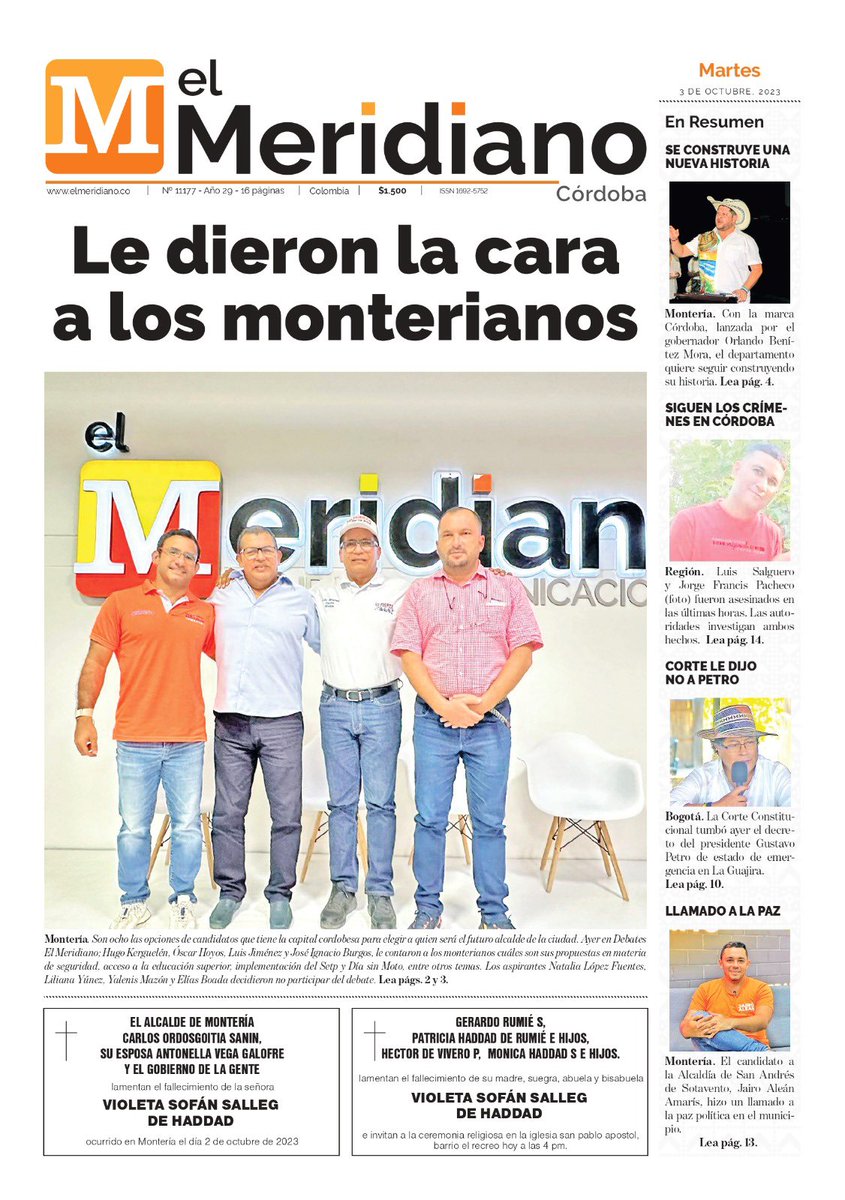 EL MERIDIANO (@elmeridiano_co) on Twitter photo #PrimeraPáginaCórdoba
#Martes
#LíderesEnLaRegión
#ElMeridianoTeUbica
#LaVerdadSinAfán
<a href="/kerguelenhugo/">Hugo F. Kerguelen G.</a> <a href="/luchoeldetodos/">LUIS ALFREDO JIMENEZ ESPITIA</a> <a href="/joseburgosa/">Jose Ignacio Burgos</a> #PrimeraPáginaCórdoba
#Martes
#LíderesEnLaRegión
#ElMeridianoTeUbica
#LaVerdadSinAfán
<a href="/kerguelenhugo/">Hugo F. Kerguelen G.</a> <a href="/luchoeldetodos/">LUIS ALFREDO JIMENEZ ESPITIA</a> <a href="/joseburgosa/">Jose Ignacio Burgos</a>