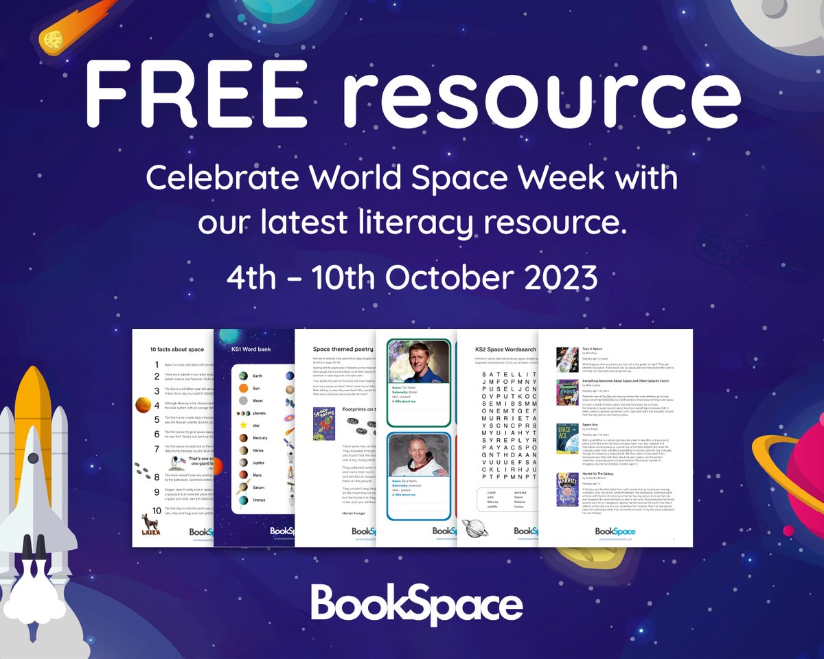 🚀 Are you ready for World Space Week tomorrow? ☄️ Don't forget to download your free KS1 and KS2 literacy resource for lots of ideas and activities to celebrate the week ow.ly/KqSU50PSjso 
#literacyresource #primaryschool #education #teacher #librarian #WSW2023 #KS1 #KS2