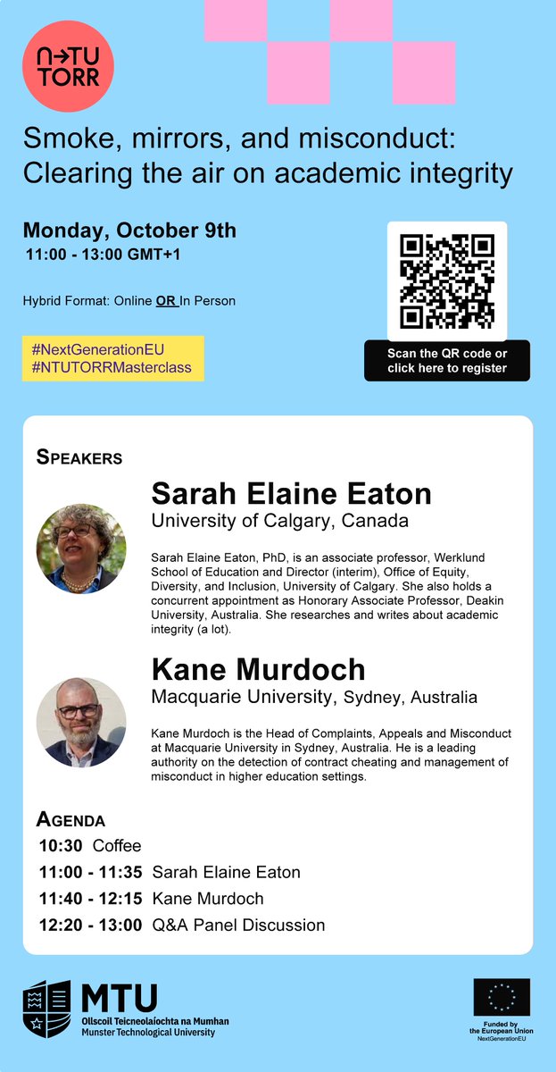 Join us online or in-person on Monday October 9th for an interactive seminar about #AcademicIntegrity with @DrSarahEaton and Kane Mudoch. See flyer for more or register directly here: telcit.typeform.com/mtu-integrity . This is an @ntutorr-sponsored event. @CCguerilla #NextGenerationEU