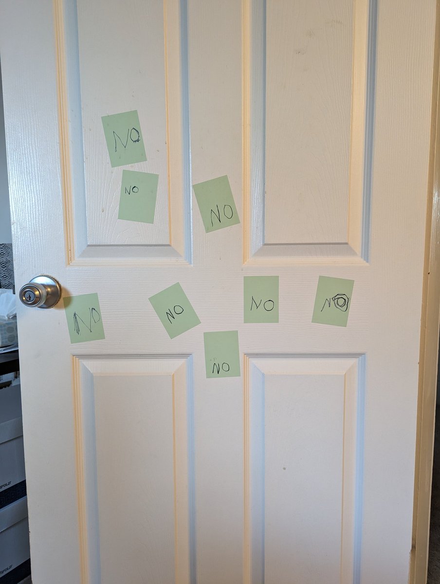 My 5 year old cousin took it upon himself to ensure no one bothered me while working. Apparently being told 'no' 8 times is the magic number!