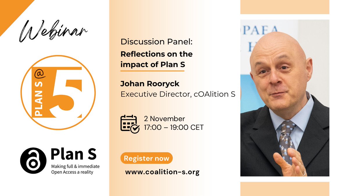 cOAlitionS_OA's tweet photo. Join us for our upcoming webinar, "5 Years of Plan S”, on November 2nd, 17:00 – 19:00 CET. @JohanRooryck, Exec. Director of @cOAlitionS_OA, will share his thoughts on the impact of Plan S. 
Register now: https://t.co/v9af9QKr3m
#OpenAccess #Plan_S5 #ScholComm #MeetTheSpeakers https://t.co/7310Ec90M3