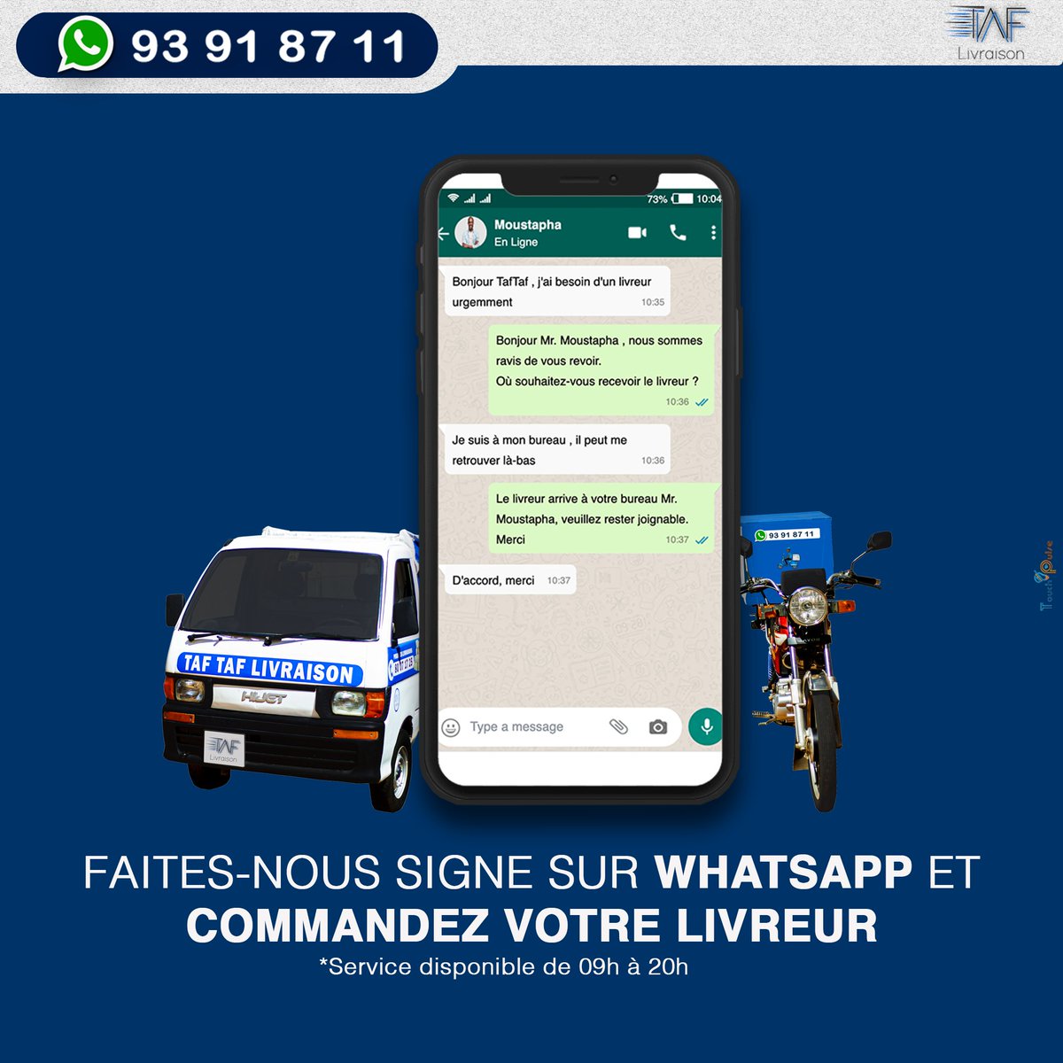 #LivraisonRapide

Votre temps est précieux faites-vous livrer en toute sécurité et rapidité dans toute la ville de Niamey en un seul clic sur wa.link/ctv7nn ou appelez-nous aux : (+227) 93918711 /80071725.

Notre service client vous attend.
#Deliveryservices