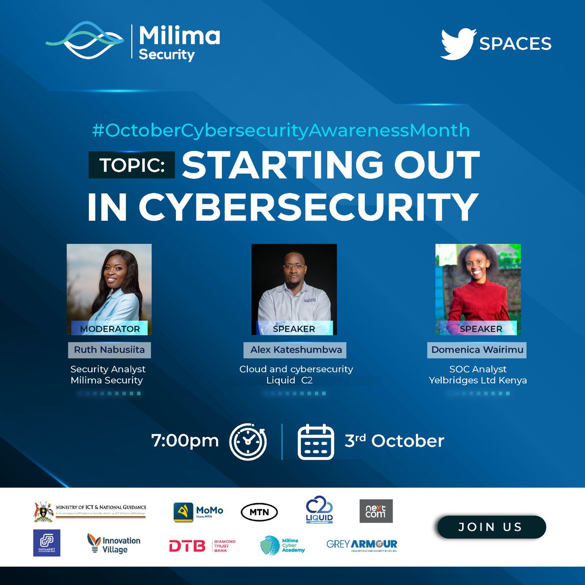 🎙🎙Join us today on Twitter Spaces to explore the world of cybersecurity careers! 

We'll be discussing the latest opportunities in the field & what to expect when starting out.

TOPIC: Starting out in Cybersecurity
TIME: 7:00 pm
Speakers: @a_katesh @WairDomenica
#Cybercareers