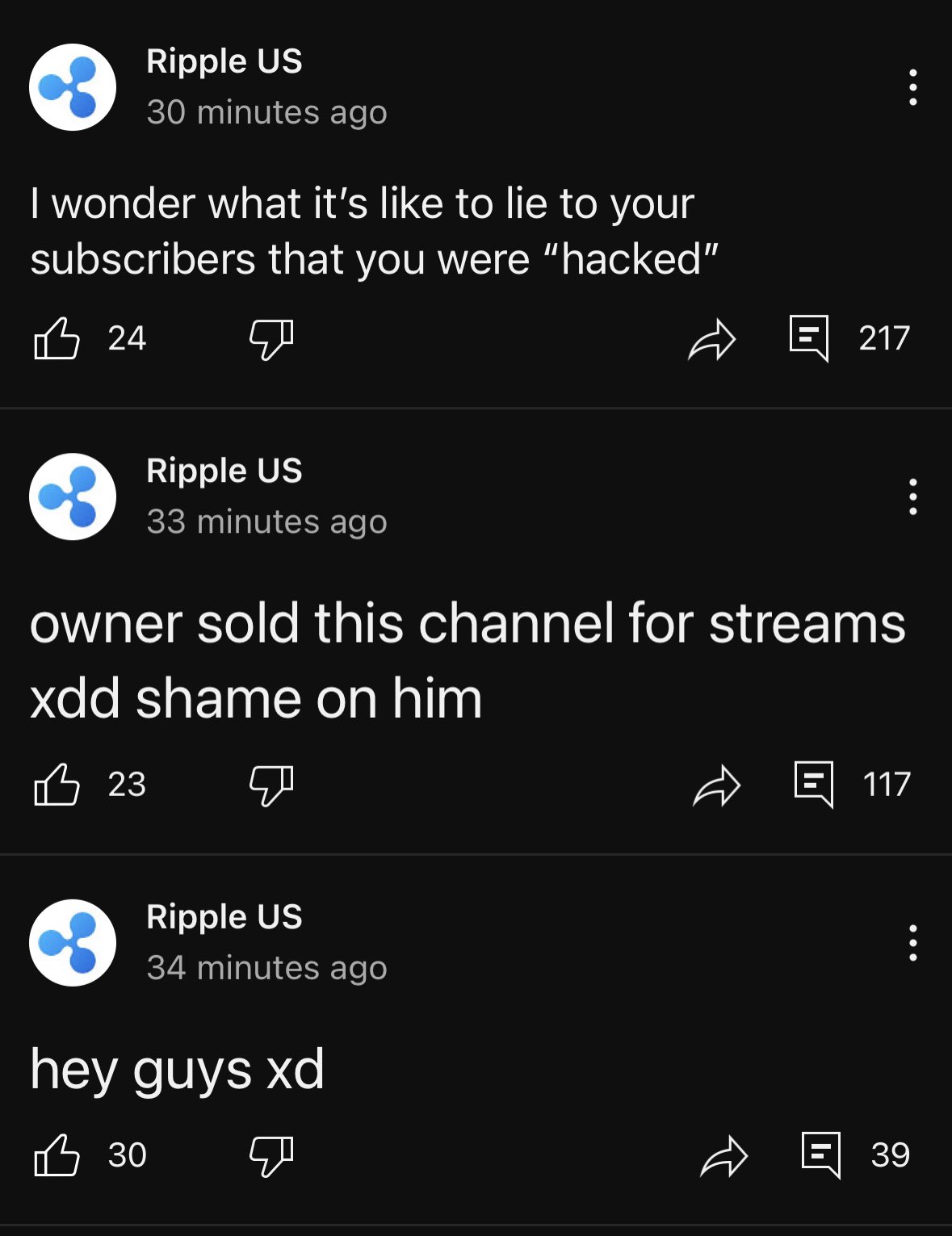 The hacker leaving embarrassing community posts on Doggie's channel, making himself look like a child.