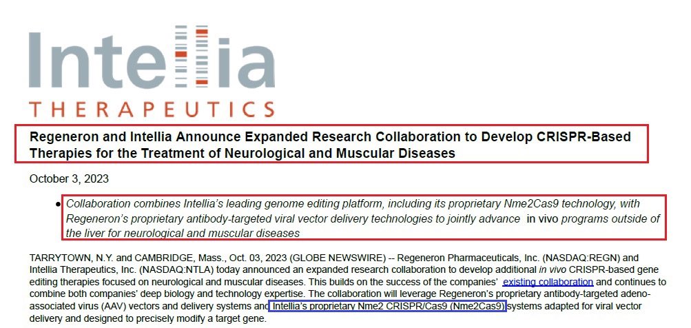 yaireinhorn's tweet photo. 1/@intelliatx &amp; $REGN announced an expanded collaboration to develop in vivo #CRISPR-based #GeneEditing therapies focused on neurological &amp; muscular diseases which will combine $NTLA proprietary Nme2Cas9 platform &amp; @Regeneron viral vector delivery technologies. #BioTech $XBI https://t.co/ETZjK6G4WJ