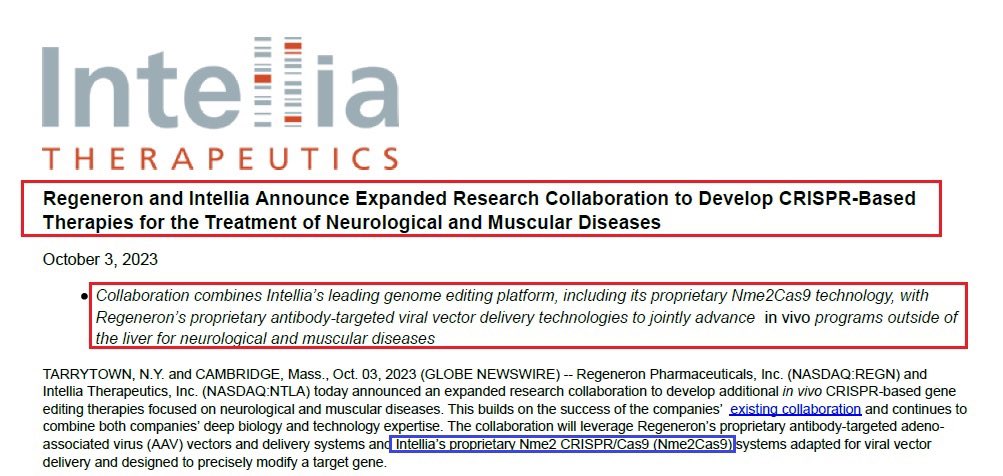 1/@intelliatx & $REGN announced an expanded collaboration to develop in vivo #CRISPR-based #GeneEditing therapies focused on neurological & muscular diseases which will combine $NTLA proprietary Nme2Cas9 platform & @Regeneron viral vector delivery technologies. #BioTech $XBI