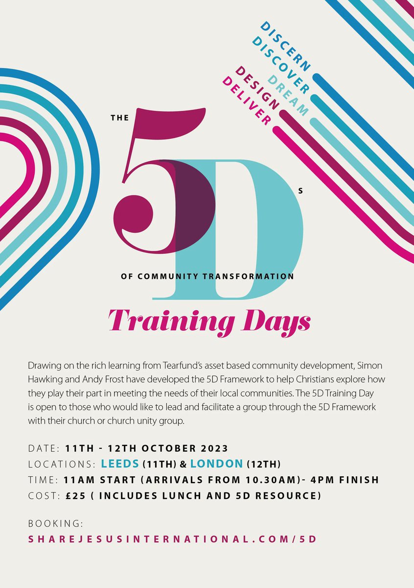 We’re only ONE week away from the 5 Ds Training days in Leeds &amp; London! 

Are you interested in learning more about community transformation? Join us to discover how your church can help meet the needs of your local community!

Find out more &amp; book here 👇sharejesusinternational.com/5d/
