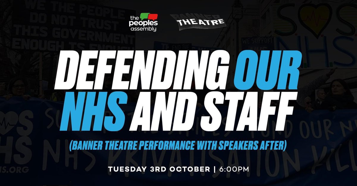 ‼️Tonight 6pm- with the fabulous performance from @bannertheatreUK (workers theatre/music co) and great NHS speakers: Dr @andrewmeyerson, Dr John Puntis @keepnhspublic and @KarenReissmann from @unisontheunion. In Anti Tory Marquee Piccadilly Gardens Manchester. Join us!