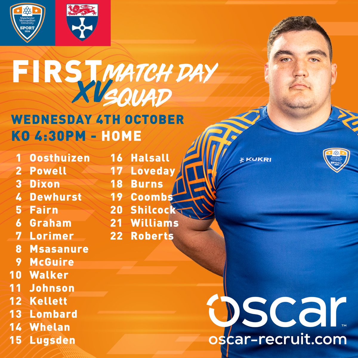 Rob has named his first <a href="/BUCSsport/">BUCS</a> Prem North 1st 22 of the season welcoming  @NewcastleUniRFC to <a href="/PlattLaneMMU/">Platt Lane MMU</a> 

#BlOrange #NorthWestIsBest #MCR
