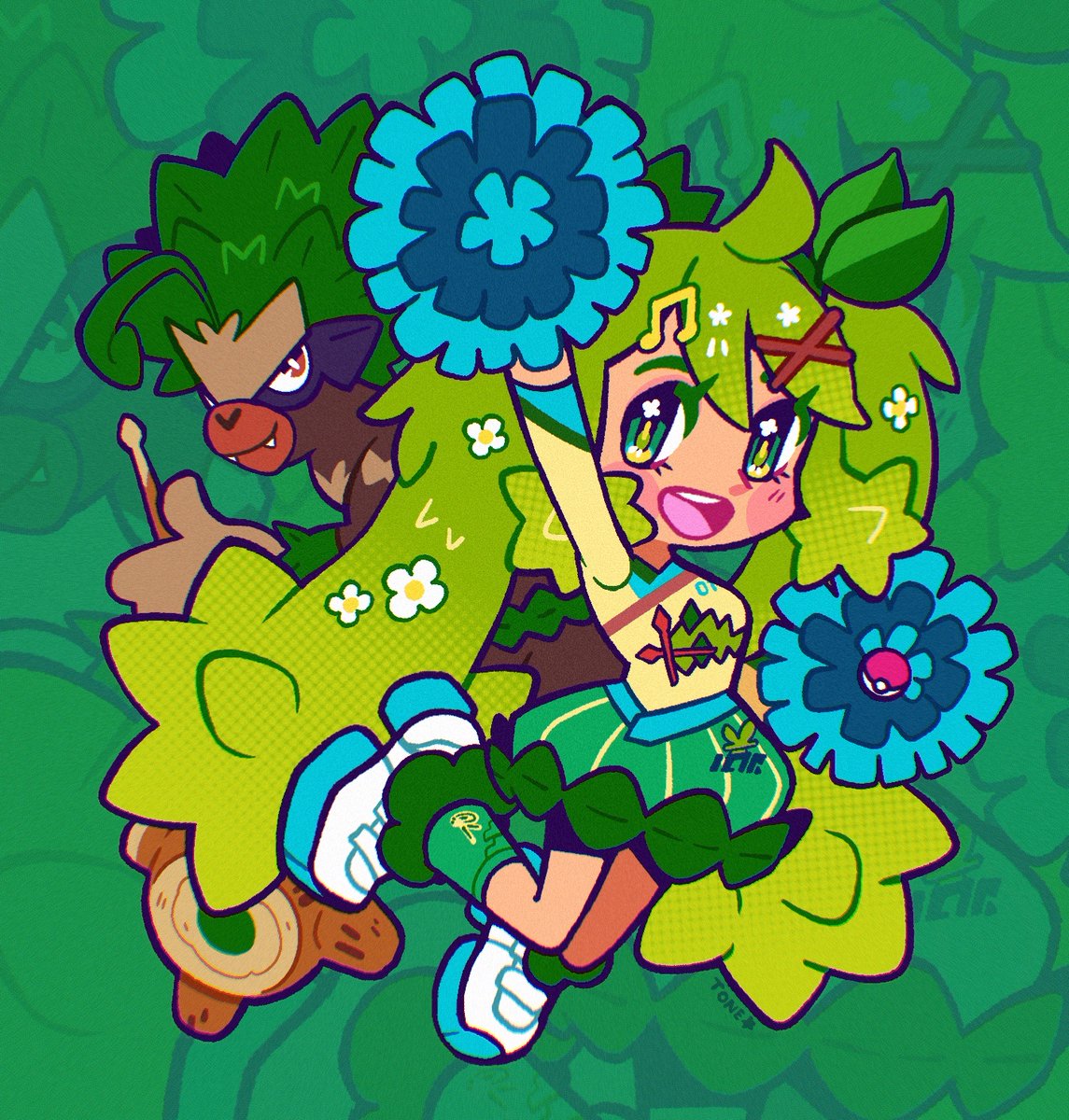 1girl pokemon (creature) green hair hair ornament open mouth green skirt smile  illustration images