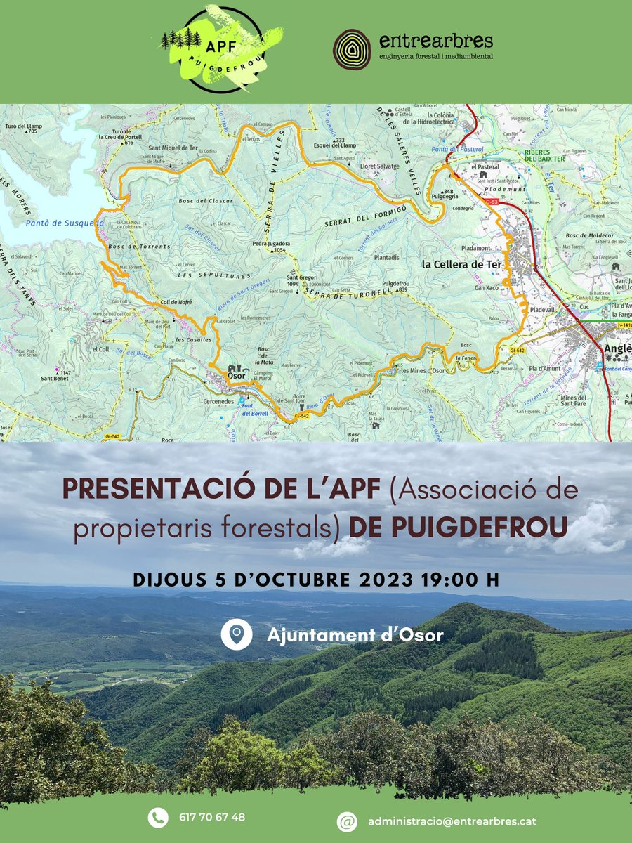 😊🌲Aquest dijous presentarem l’APF (Associació de Propietaris Forestals) de Puigdefrou.

🗓️Dijous 5 d’octubre, 📍Ajuntament d’Osor

🔘Quina és la missió de l’APF de Puigdefrou? … 👇🏻
