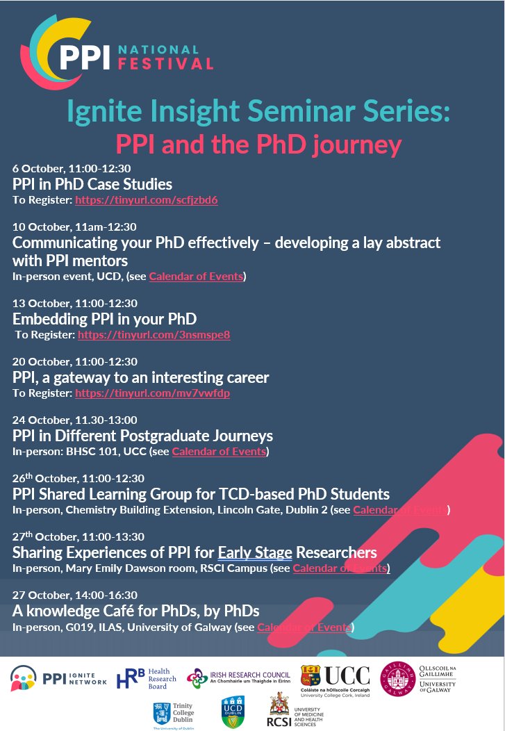 📢Ignite Insight seminar series. Made by PhD scholars, for PhD scholars. Online and in-person events throughout October. Learn how PPI can help your research and your career, hearing from those interested in PPI in all walks of life. To find out more: tinyurl.com/mtz5cmkc