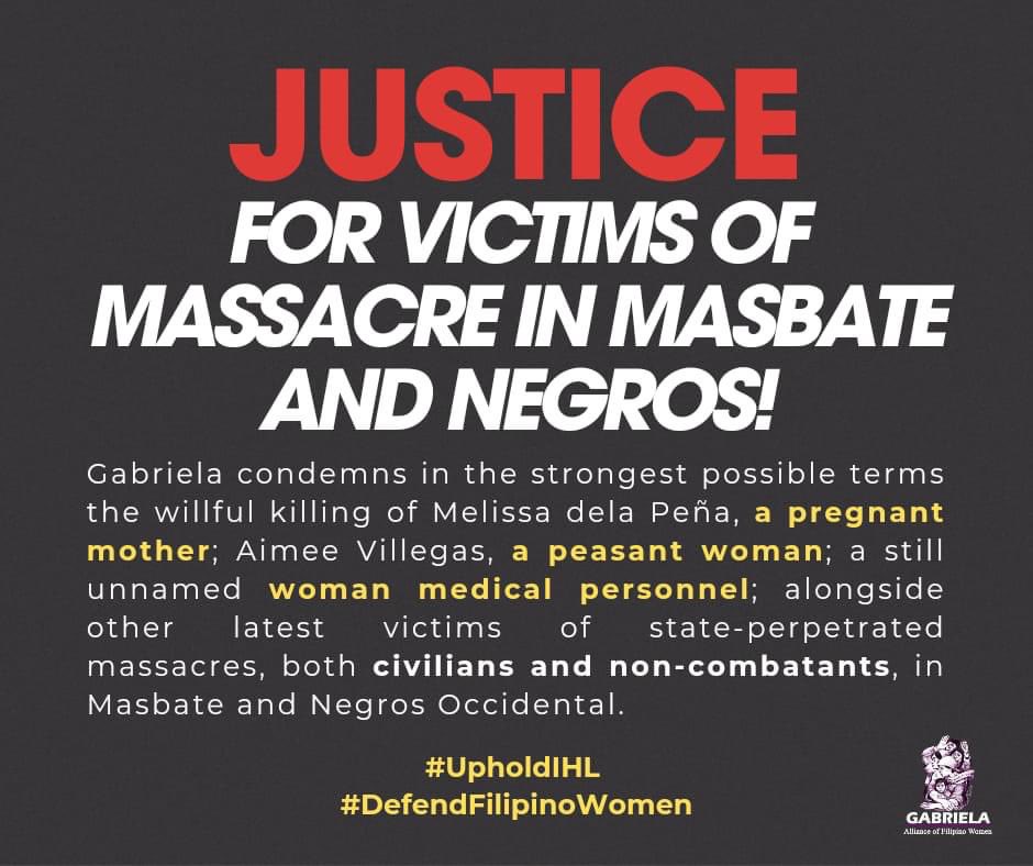 gabrielaphils's tweet photo. GABRIELA expresses grave concern over the horrifying news and reports provided by the human rights community concerning the brutal &amp; inhumane killing of 8 individuals in Masbate and Negros Occidental, including a 𝐩𝐫𝐞𝐠𝐧𝐚𝐧𝐭 𝐰𝐨𝐦𝐚𝐧, by the military on September 21, 2023. https://t.co/RGo776YG0D