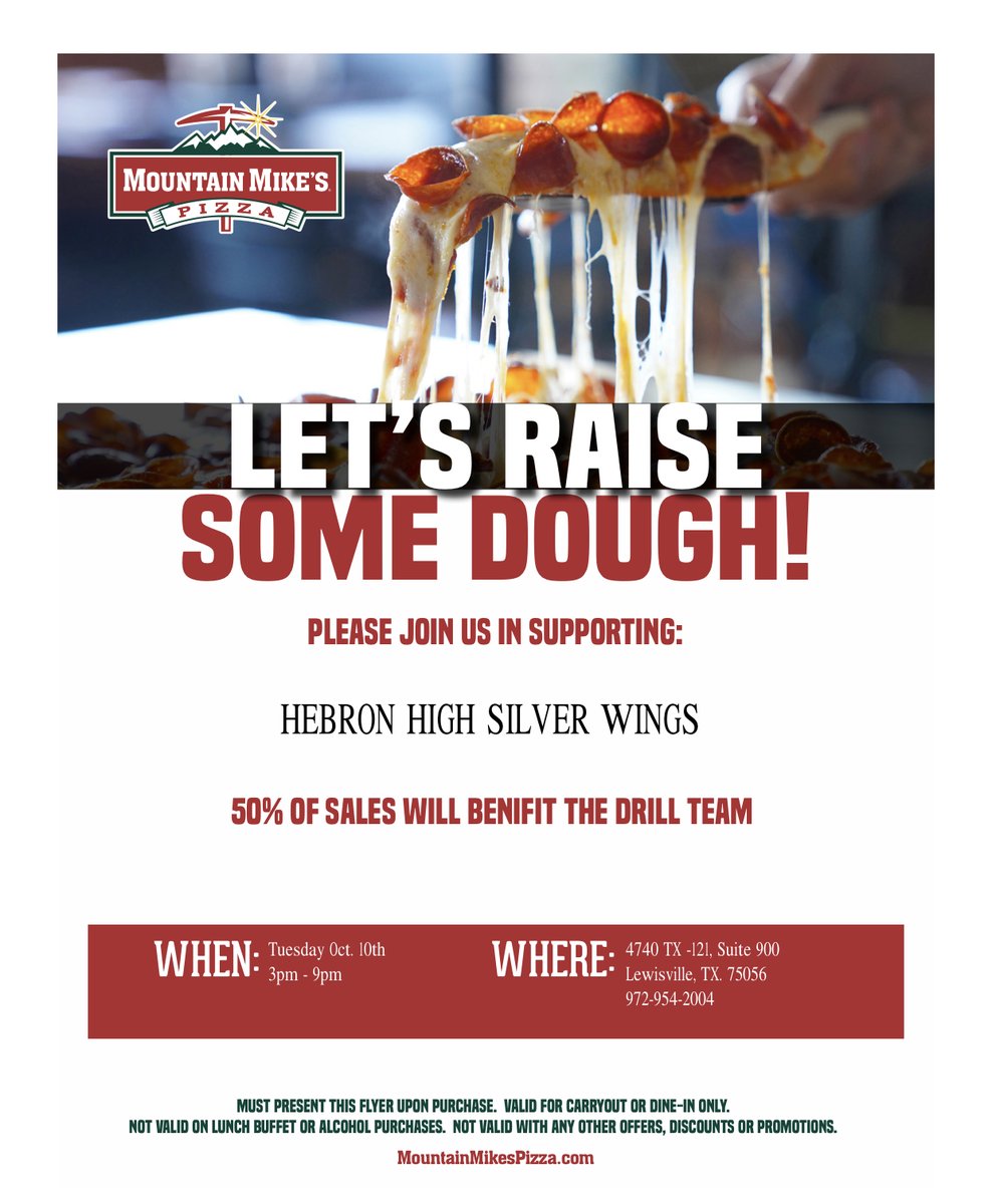 Mark your calendars! Mountain Mike's and the Silver Wings are teaming up for a Spirit Night next Tuesday, October 10. From 3pm to 9pm Mountain Mike's will donate 50% of the proceeds from the spirit night back to the Silver Wings. Be sure to present the flier below at checkout!