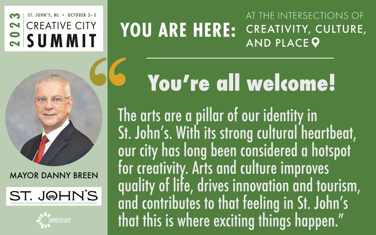 Thank you to the City of St. John's -- residents, businesses, staff, and elected officials -- for the warmest welcome as we begin three days of programming all centred around supporting arts and culture in communities across Canada. Welcome to the #CreativeCitySummit!