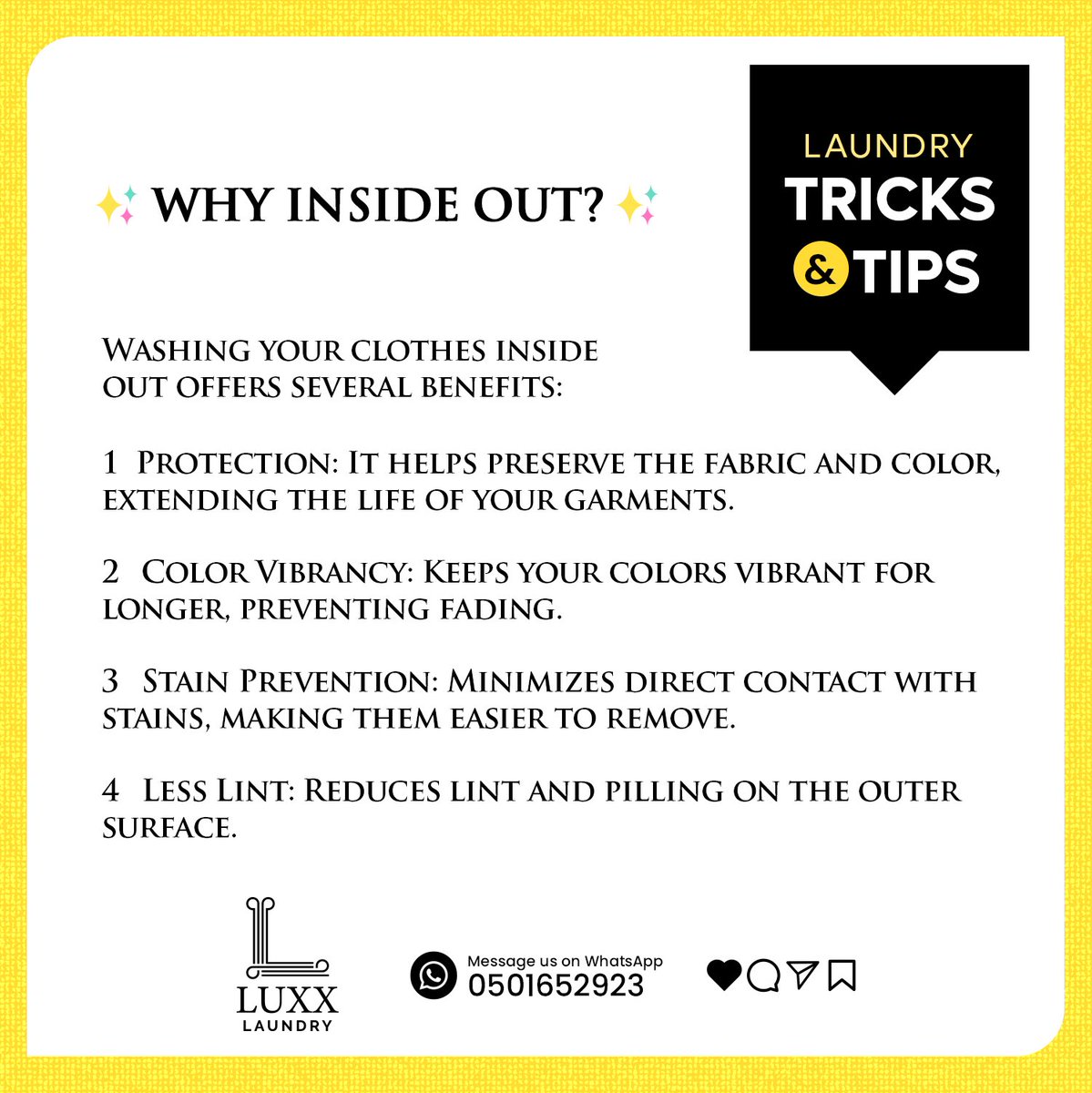 LuxxLaundry's tweet photo. "Wash colored clothes inside out in cold water to prevent fading"
Swipe left for more details
@luxxlaundry
#quicktricksandtips
#AbsoluteQualityEverytime
#Luxxlaundry. #24hourservice #samedaycollection #luxx #laundry #clean #brand #service #quality https://t.co/8quIL96ZPD