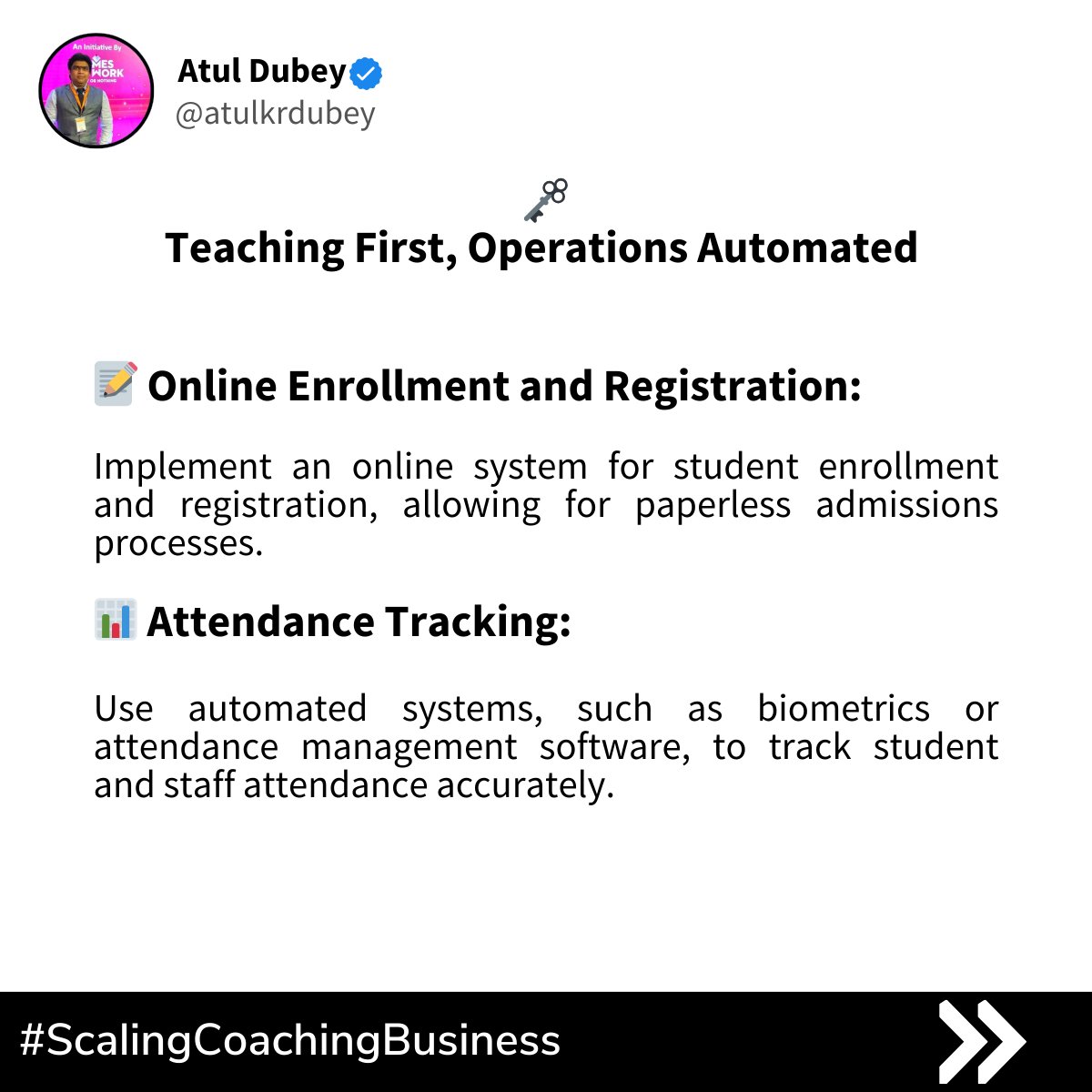 Atul_TesMus's tweet image. &quot;Teach More, Manage Less: 90% Operations Automated 📚🤖&quot;
.
#EducationAutomation
#TeachingEfficiency
#FocusOnTeaching
#OperationalSimplicity
#SmartEducation
#EdTechSolutions
#StreamlineLearning
#EducationalAutomation
#EfficientTeaching
#TeachSmarter
#Growth