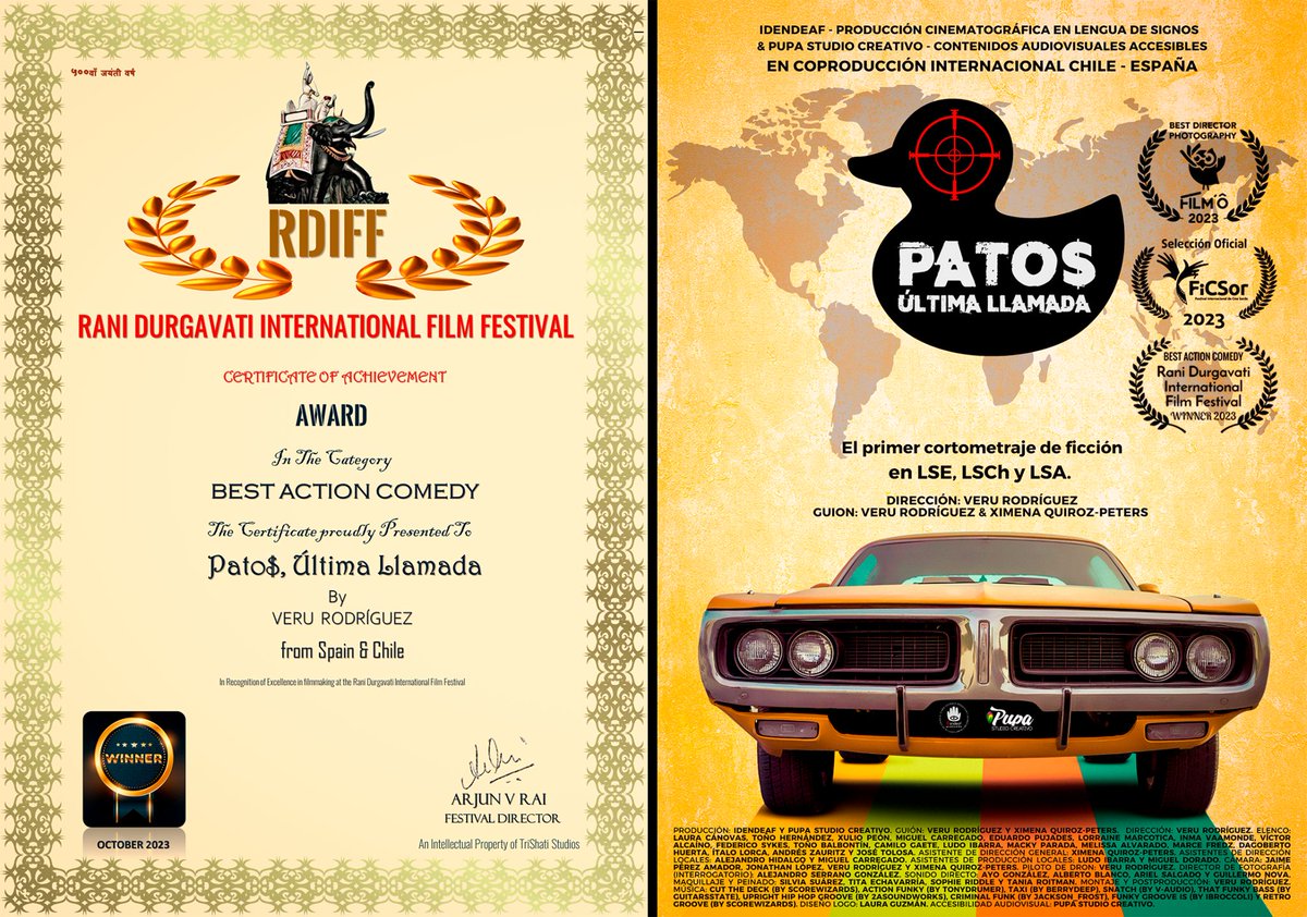 "PATO$,  última llamada" galardonada como la "Mejor Película de Acción y  Comedia" en el "Rani Durgavati International Film Festival" de Jabalpur, India. 🏆🇮🇳

¡Avanzando en la normalización del cine en lengua de signos! 🩷🙌

Tráiler: youtube.com/watch?v=8Moi59…