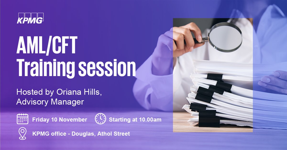 KPMG in the Crown Dependencies (@kpmgcds) on Twitter photo Oriana Hills, Advisory Manager, will be hosting the next AML/CFT Training session on Friday 10 November from 10.00am to 11.00am at our KPMG office in the #IsleofMan. If you would like staff from your organisation to attend, please contact Jane Leece at jleece@kpmg.co.im Oriana Hills, Advisory Manager, will be hosting the next AML/CFT Training session on Friday 10 November from 10.00am to 11.00am at our KPMG office in the #IsleofMan. If you would like staff from your organisation to attend, please contact Jane Leece at jleece@kpmg.co.im