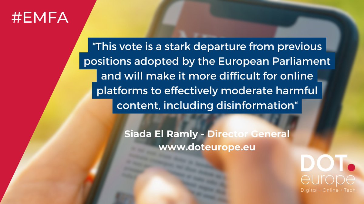 💡DOT Europe disconcerted by vote on the #EMFA “This vote is a stark departure from previous positions adopted by the @EUparliament and will make it more difficult for online platforms to effectively moderate harmful content, including disinformation.” ➡️bit.ly/3LGybu7