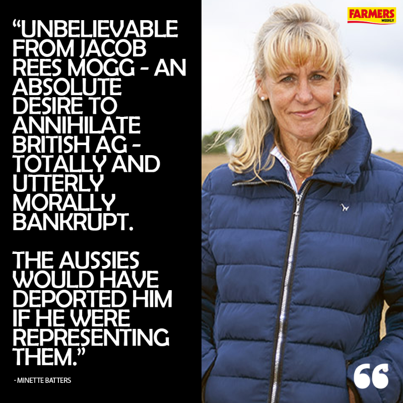 FarmersWeekly's tweet photo. 🗣️ Farm leader @Minette_Batters has accused Conservative MP @Jacob_Rees_Mogg of seeking to destroy British ag after he backed imports of hormone-fed Australian beef.

@LizWebsterSBF | @SaveBritishFood