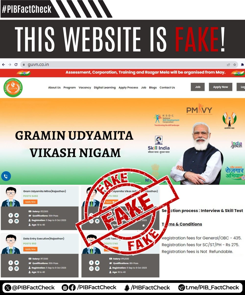 A website allegedly affiliated with the Ministry of Social Justice & Empowerment claims to offer government jobs & seeks ₹435 as a non-refundable registration fee #PIBFactCheck ✔️This website is not associated with GOI ✔️Official website of @MSJEGOI is socialjustice.gov.in