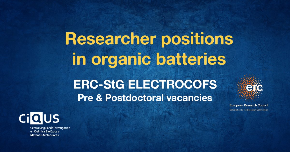 🔋 Interested in organic batteries ??

🔎 @SoutoManel at #CiQUS is seeking 1 #chempostdoc and 2 #PhD candidates to join his #ERCStG ELECTROCOFS project.

🔗 ow.ly/MutO50PS3tl

#chemjobs #chemtwitter