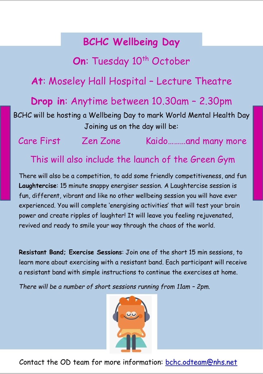 TeamOD@BCHC (@teamodbchc1) on Twitter photo Calling all colleagues! Join us next week for our annual BCHC Healt & Wellbeing event 💫 😊
Don't forget to register fast for the laughtercise sessions for you & your team! Spread the word!!!
see info below ⬇️
<a href="/AsrBchc/">ASR Division BCHC</a> <a href="/BchcDental/">BCHC Dental Services Division</a> <a href="/BCHC_WEN/">BCHC Women's Equality Network</a> <a href="/BchcEquality/">Equality Team BCHC</a> <a href="/bhamcommunity/">@bhamcommunity</a> Calling all colleagues! Join us next week for our annual BCHC Healt & Wellbeing event 💫 😊
Don't forget to register fast for the laughtercise sessions for you & your team! Spread the word!!!
see info below ⬇️
<a href="/AsrBchc/">ASR Division BCHC</a> <a href="/BchcDental/">BCHC Dental Services Division</a> <a href="/BCHC_WEN/">BCHC Women's Equality Network</a> <a href="/BchcEquality/">Equality Team BCHC</a> <a href="/bhamcommunity/">@bhamcommunity</a>