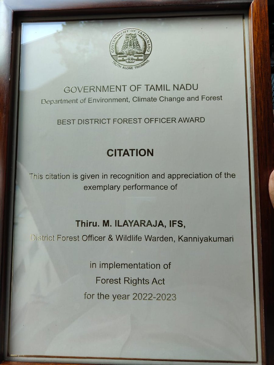 Received best DFO award from Honble Chief Minister of Tamilnadu for implementation of Forest Rights Act in kanniyakumari district.