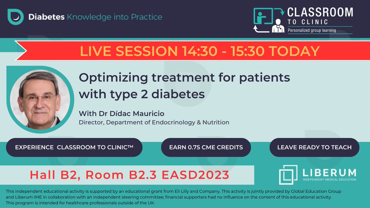 Liberum IME (@liberumime) on Twitter photo 45 minutes until our live Classroom to Clinicâą session at #EASD2023 with <a href="/DidacMauricio/">DĂdac Mauricio</a>
Don't miss your spot!
(Light refreshments available - room B2.3)
#weightloss #T2D #GLP1 #pharmacotherapy #healthequality #CMECPD 45 minutes until our live Classroom to Clinicâą session at #EASD2023 with <a href="/DidacMauricio/">DĂdac Mauricio</a>
Don't miss your spot!
(Light refreshments available - room B2.3)
#weightloss #T2D #GLP1 #pharmacotherapy #healthequality #CMECPD