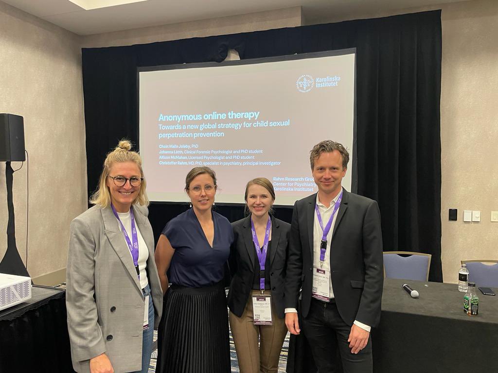 Proud to have presented RCTs on anonymous online therapies to prevent child sex abuse at #ATSA2023 with @Priotab, @AllisonKMcMahan, @malinjoleby, all from @karolinskainst.