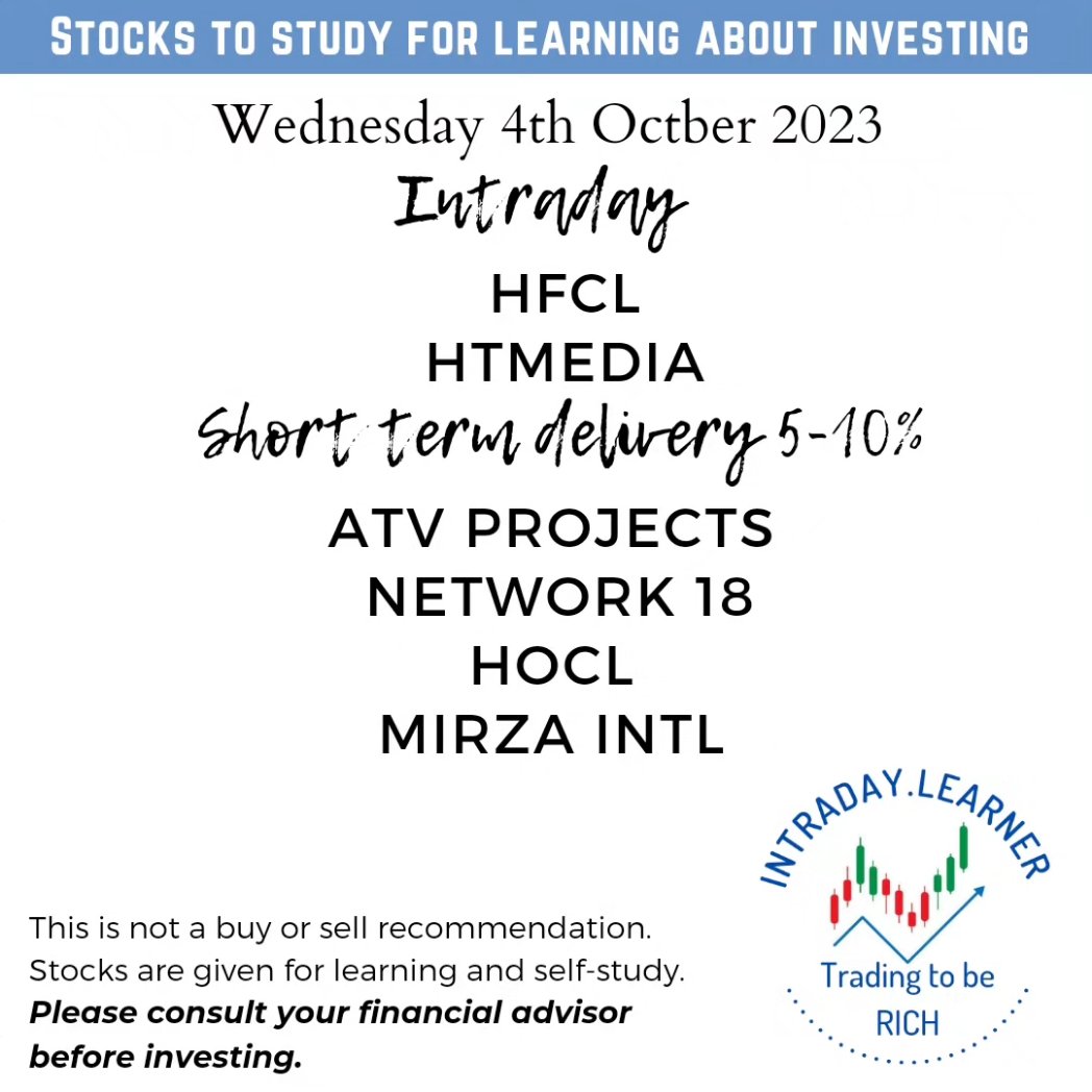 LearnerIntraday's tweet photo. Stock to study on 4th Oct 2023

by @LearnerIntraday

#navimumbai
#intradaytrading #zeebusiness
#StockMarketindia #sharemarketindia #sensex #GIFTNIFTY #nifty50 #NiftyBank #dalalstreet #zerodha  #trading #trending #bhfyp #instagood 

This is not a buy or sell recommendation. https://t.co/giqQZUZNQs